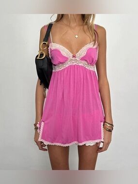 Pink Lace-Trim Women's babydoll Chemise Nightdress